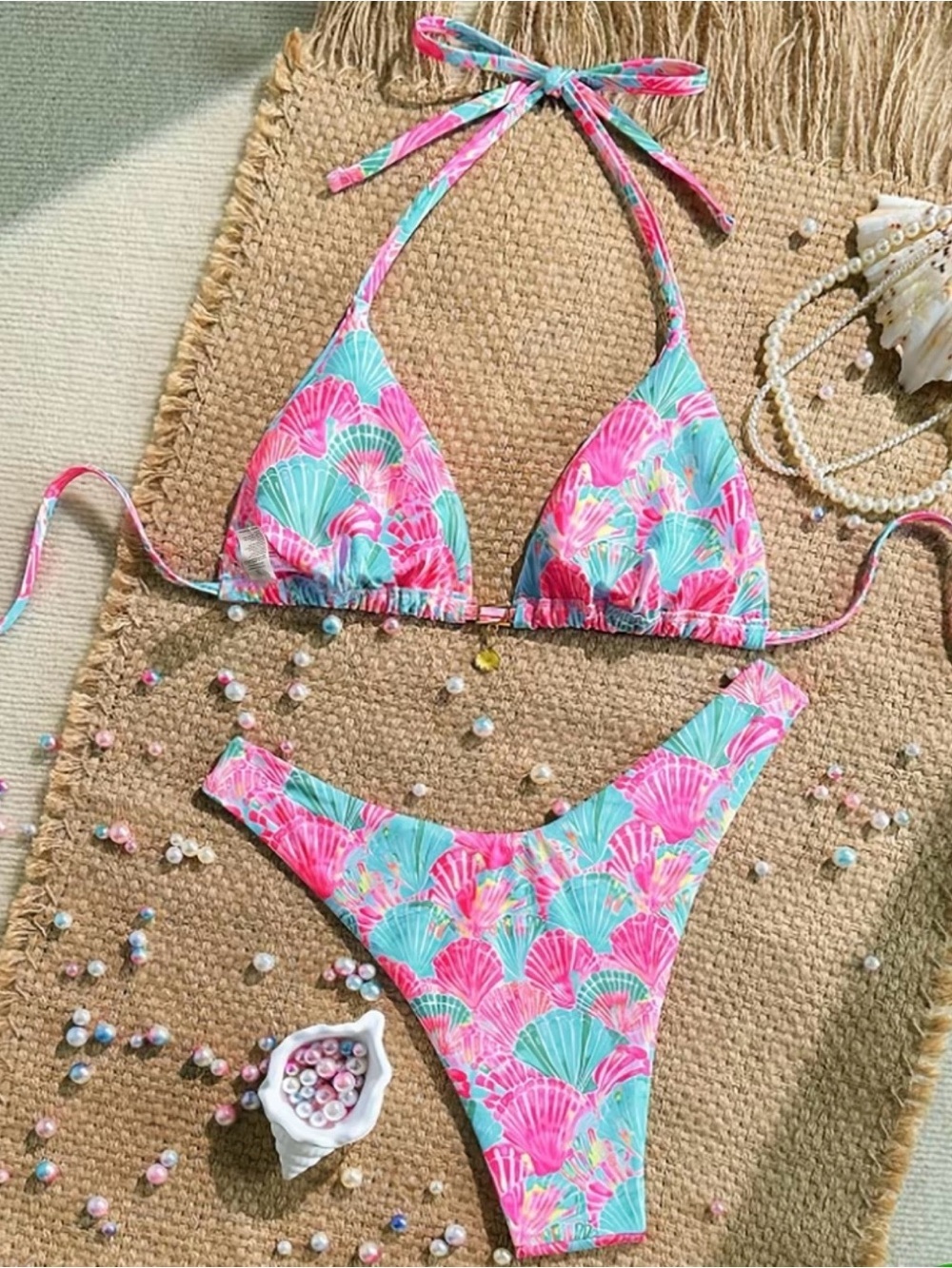 Pink Teal Shell Print Halter Bikini Set